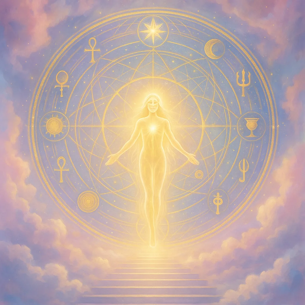 A luminous human figure standing within rings of sacred geometry, ankh and chalice, in gold and lavender light